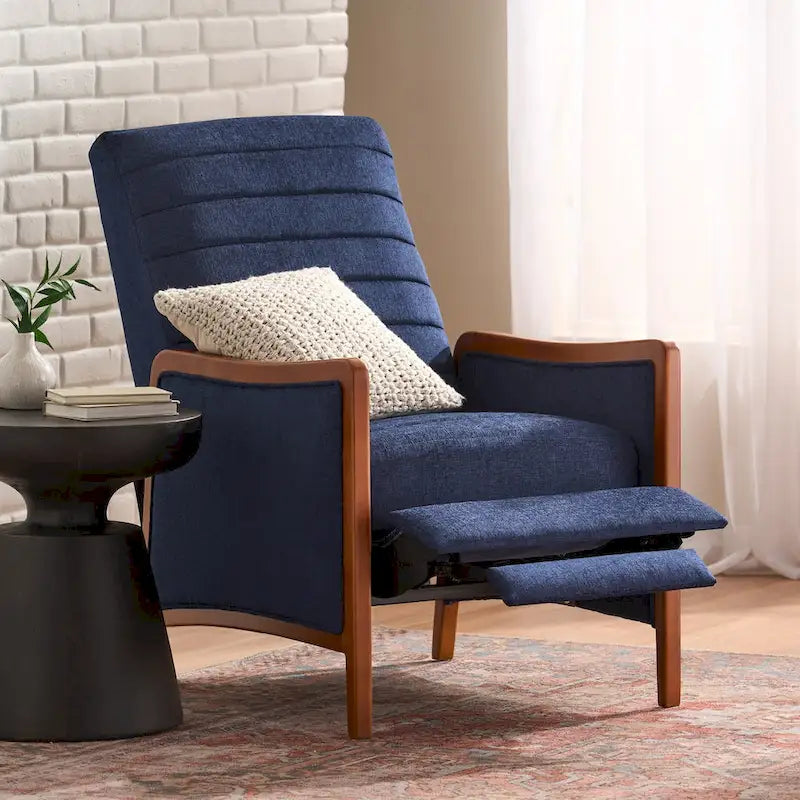 Fauteuil inclinable à poussoir en bois avec surpiqûres à canaux en tissu moderne du milieu du siècle