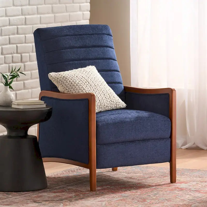 Fauteuil inclinable à poussoir en bois avec surpiqûres à canaux en tissu moderne du milieu du siècle