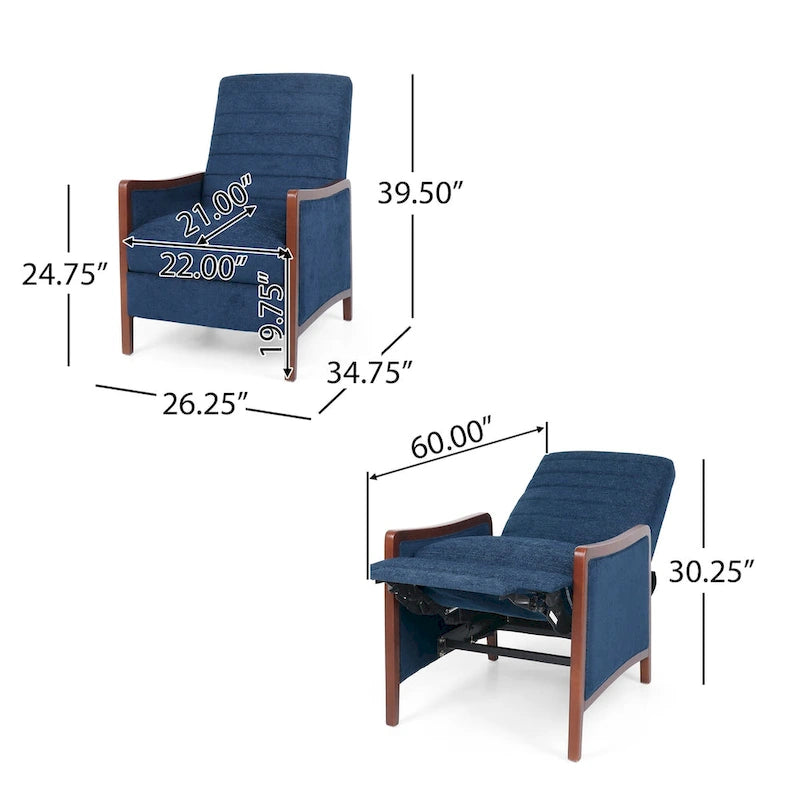 Fauteuil inclinable à poussoir en bois avec surpiqûres à canaux en tissu moderne du milieu du siècle