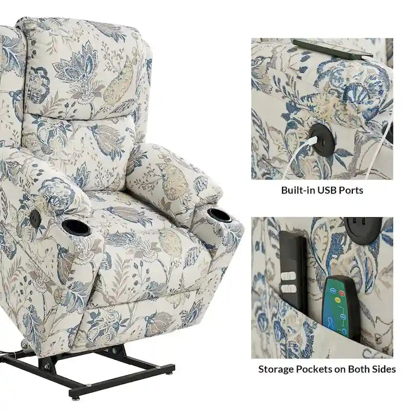Ensemble de 2 fauteuils inclinables électriques chauffants et massants à double moteur Larry Traditional Floral de HULALA HOME