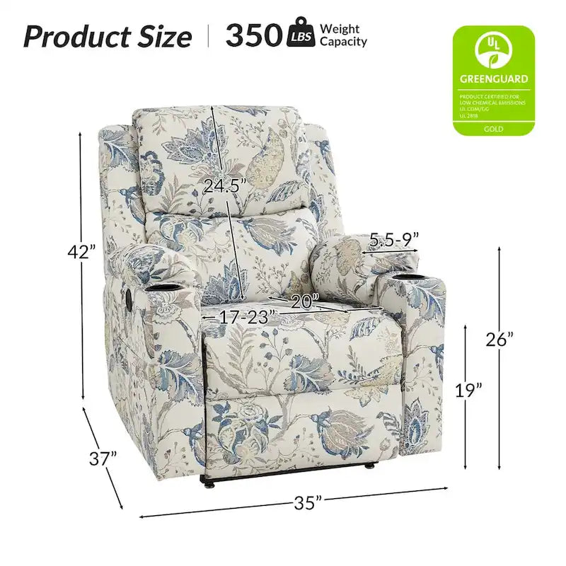 Ensemble de 2 fauteuils inclinables électriques chauffants et massants à double moteur Larry Traditional Floral de HULALA HOME