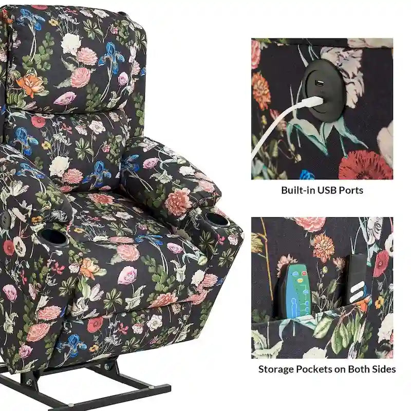 Ensemble de 2 fauteuils inclinables électriques chauffants et massants à double moteur Larry Traditional Floral de HULALA HOME