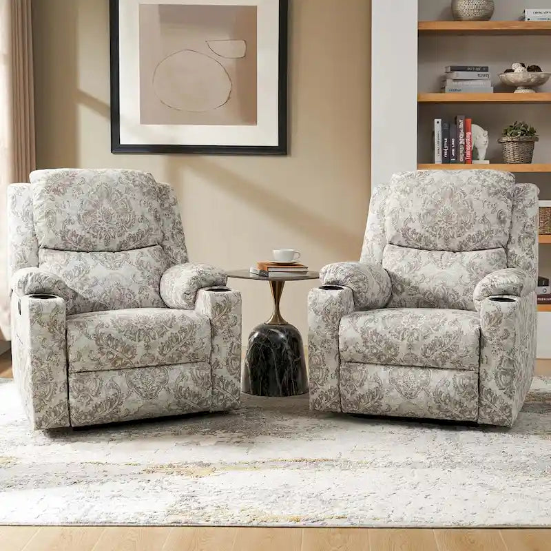 Ensemble de 2 fauteuils inclinables électriques chauffants et massants à double moteur Larry Traditional Floral de HULALA HOME