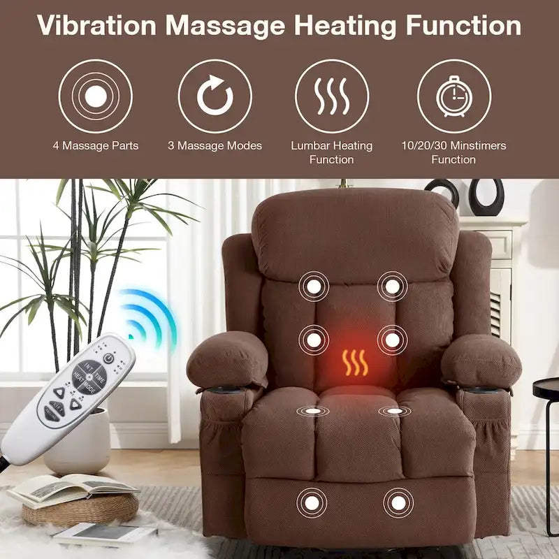 Fauteuil inclinable électrique en tissu avec massage et chaleur pour personnes âgées, avec ports USB, porte-gobelets et poches latérales