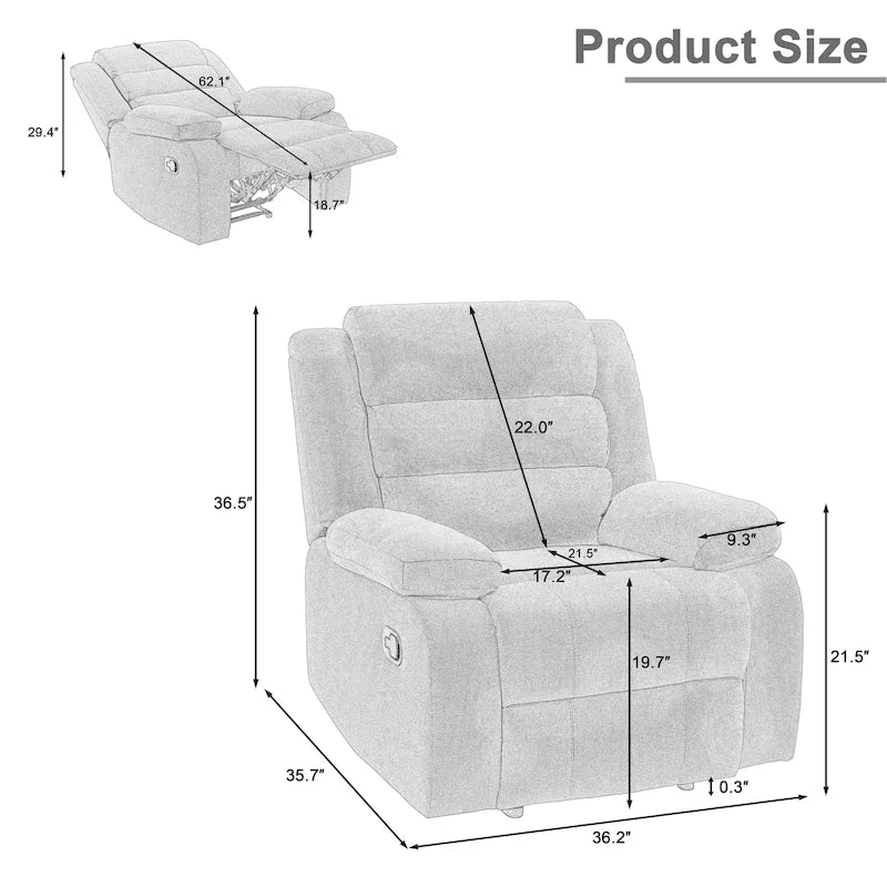 Fauteuil inclinable manuel en velours côtelé de coton surdimensionné avec accoudoirs larges