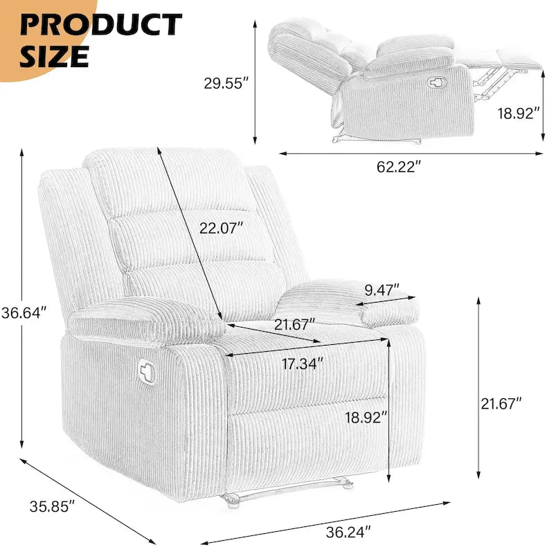 Fauteuil inclinable manuel en velours côtelé de coton surdimensionné avec accoudoirs larges