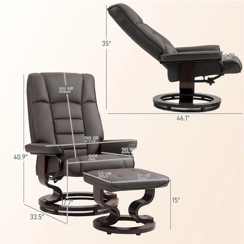 Fauteuil inclinable pivotant HOMCOM avec pouf, fauteuil relax en similicuir avec dossier haut