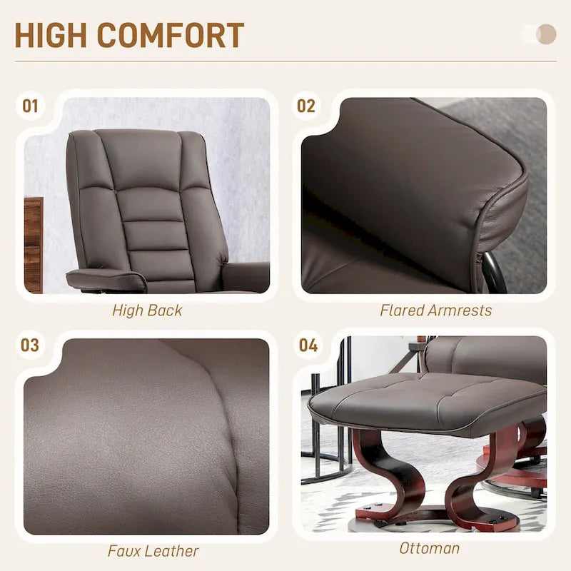 Fauteuil inclinable pivotant HOMCOM avec pouf, fauteuil relax en similicuir avec dossier haut