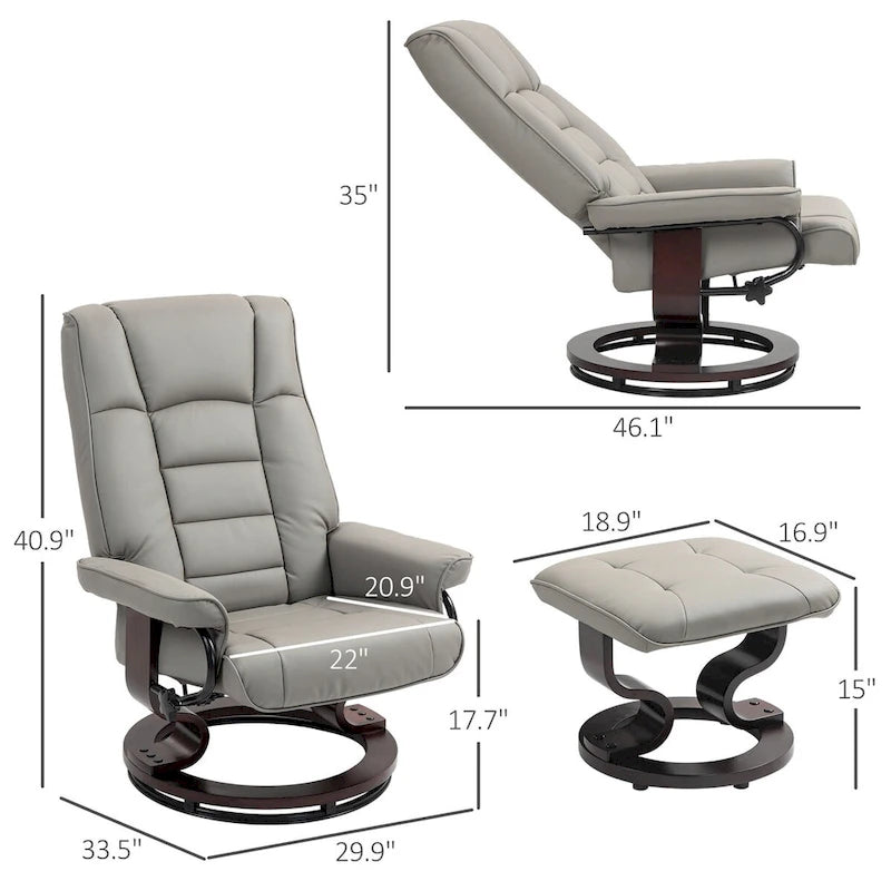 Fauteuil inclinable pivotant HOMCOM avec pouf, fauteuil relax en similicuir avec dossier haut