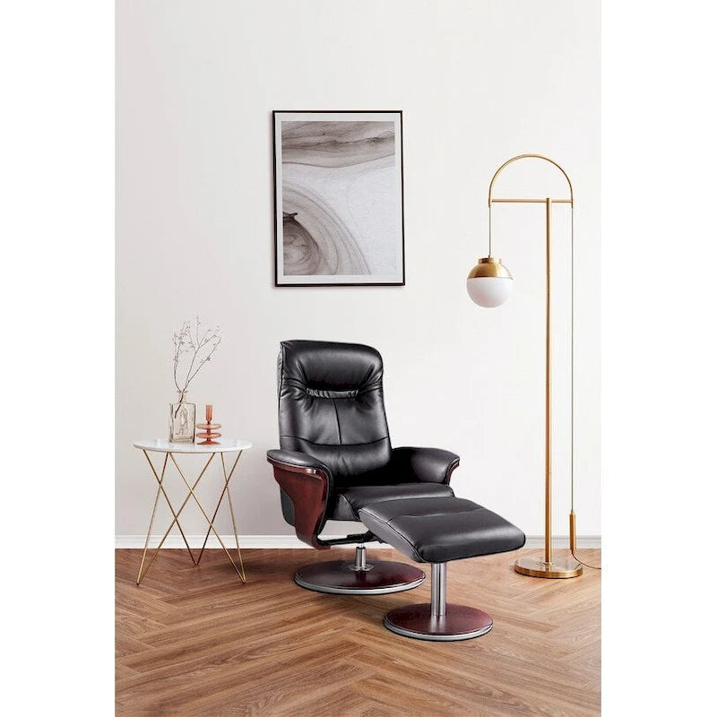 Fauteuil inclinable pivotant et repose-pieds en cuir noir Artiva
