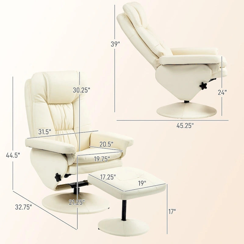 Fauteuil inclinable pivotant HOMCOM avec ottoman, cuir PU et repose-pieds avec base enveloppée, blanc crème