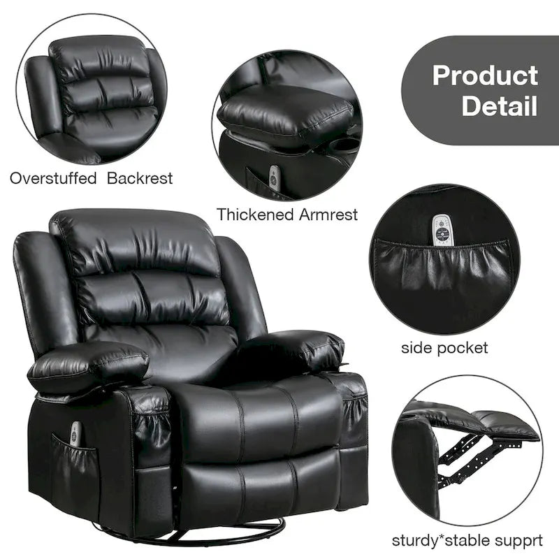 Fauteuil inclinable pivotant et massant avec vibration et chauffage, fauteuil ergonomique avec port de chargement USB