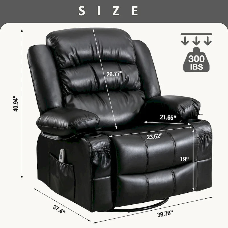 Fauteuil inclinable pivotant et massant avec vibration et chauffage, fauteuil ergonomique avec port de chargement USB