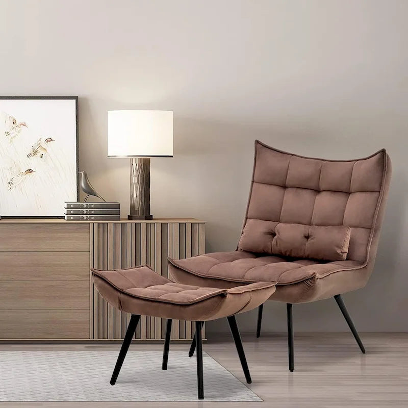 Fauteuil d'appoint Mcombo avec ottoman, Fauteuil capitonné en velours à oreilles, Chaises rembourrées avec pieds en métal pour Chambre Salon 4079