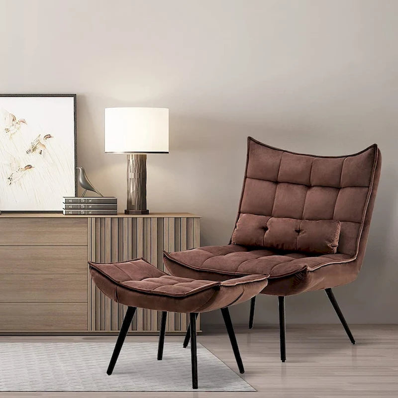 Fauteuil d'appoint Mcombo avec ottoman, Fauteuil capitonné en velours à oreilles, Chaises rembourrées avec pieds en métal pour Chambre Salon 4079