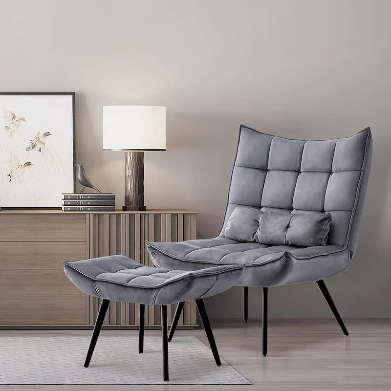Fauteuil d'appoint Mcombo avec ottoman, Fauteuil capitonné en velours à oreilles, Chaises rembourrées avec pieds en métal pour Chambre Salon 4079
