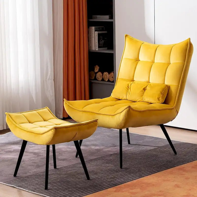 Fauteuil d'appoint Mcombo avec ottoman, Fauteuil capitonné en velours à oreilles, Chaises rembourrées avec pieds en métal pour Chambre Salon 4079