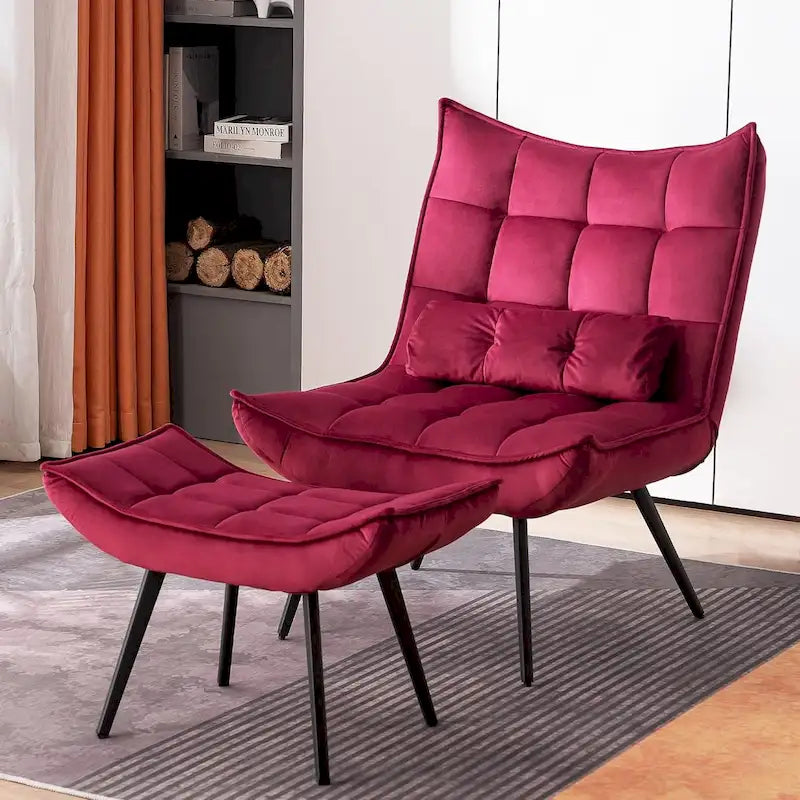 Fauteuil d'appoint Mcombo avec ottoman, Fauteuil capitonné en velours à oreilles, Chaises rembourrées avec pieds en métal pour Chambre Salon 4079