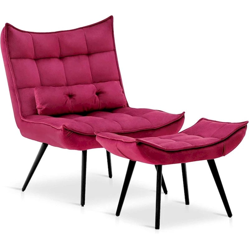 Fauteuil d'appoint Mcombo avec ottoman, Fauteuil capitonné en velours à oreilles, Chaises rembourrées avec pieds en métal pour Chambre Salon 4079