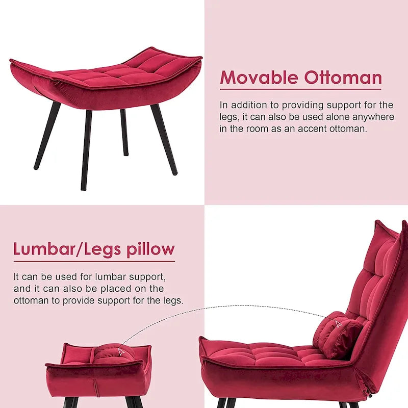 Fauteuil d'appoint Mcombo avec ottoman, Fauteuil capitonné en velours à oreilles, Chaises rembourrées avec pieds en métal pour Chambre Salon 4079