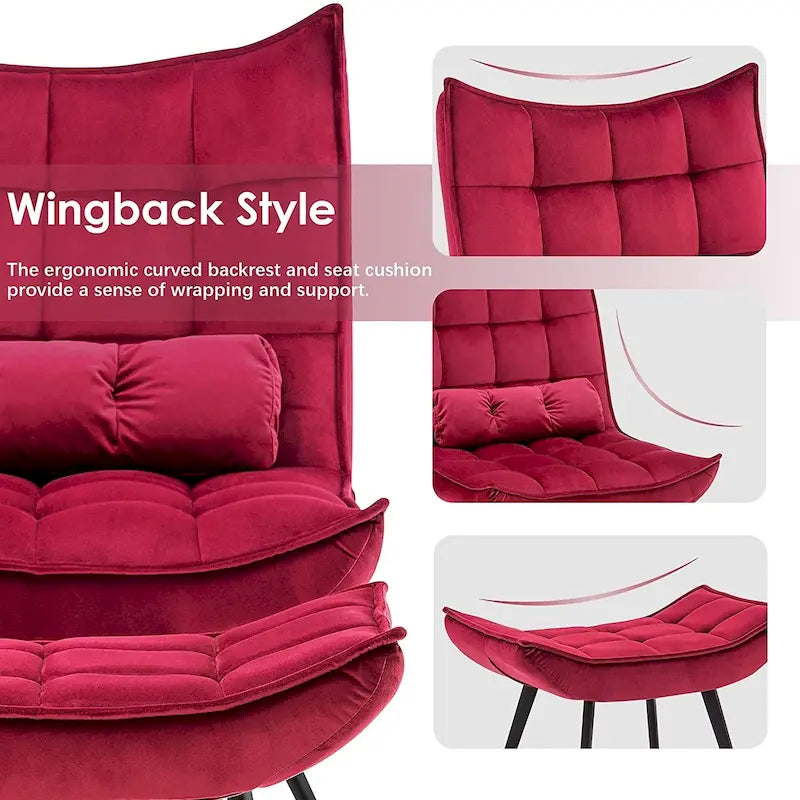 Fauteuil d'appoint Mcombo avec ottoman, Fauteuil capitonné en velours à oreilles, Chaises rembourrées avec pieds en métal pour Chambre Salon 4079