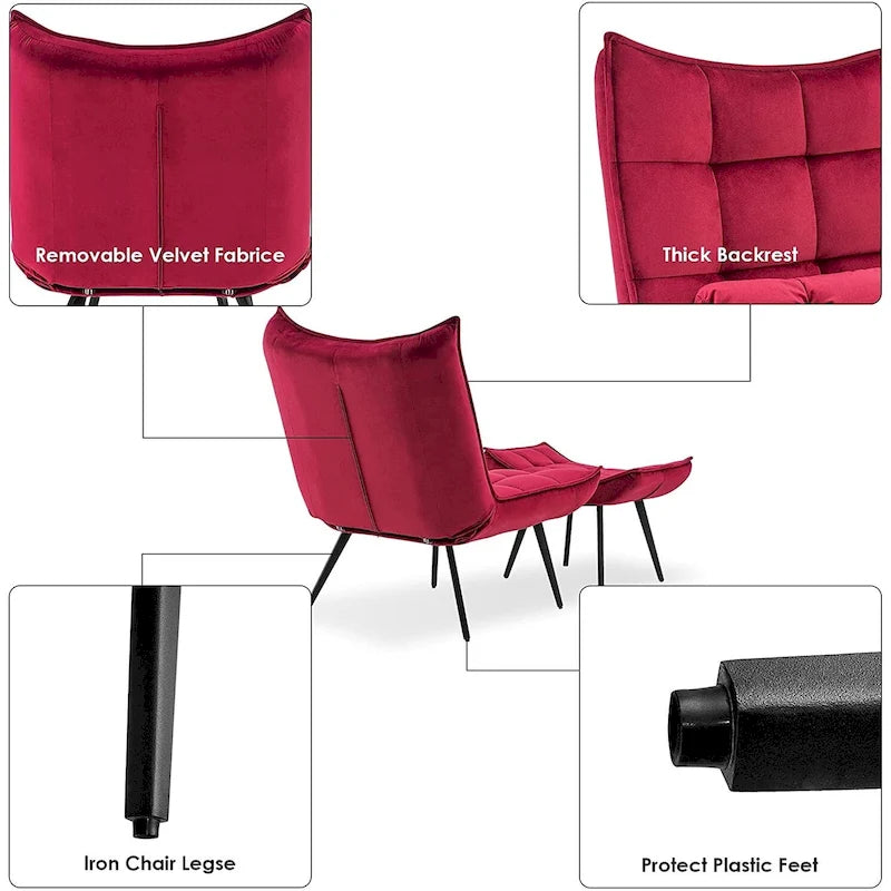 Fauteuil d'appoint Mcombo avec ottoman, Fauteuil capitonné en velours à oreilles, Chaises rembourrées avec pieds en métal pour Chambre Salon 4079
