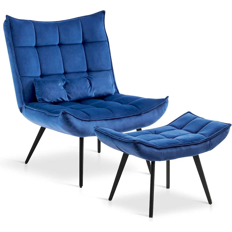 Fauteuil d'appoint Mcombo avec ottoman, Fauteuil capitonné en velours à oreilles, Chaises rembourrées avec pieds en métal pour Chambre Salon 4079
