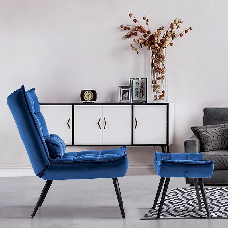 Fauteuil d'appoint Mcombo avec ottoman, Fauteuil capitonné en velours à oreilles, Chaises rembourrées avec pieds en métal pour Chambre Salon 4079