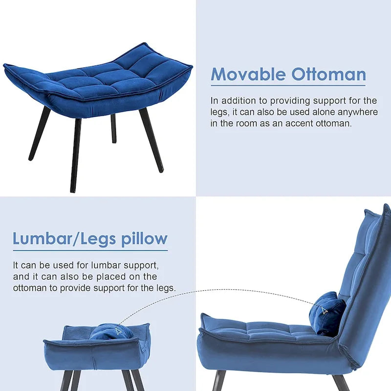 Fauteuil d'appoint Mcombo avec ottoman, Fauteuil capitonné en velours à oreilles, Chaises rembourrées avec pieds en métal pour Chambre Salon 4079