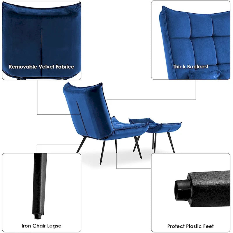 Fauteuil d'appoint Mcombo avec ottoman, Fauteuil capitonné en velours à oreilles, Chaises rembourrées avec pieds en métal pour Chambre Salon 4079