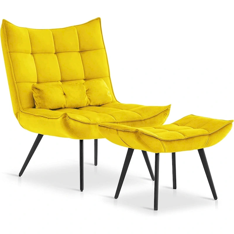 Fauteuil d'appoint Mcombo avec ottoman, Fauteuil capitonné en velours à oreilles, Chaises rembourrées avec pieds en métal pour Chambre Salon 4079