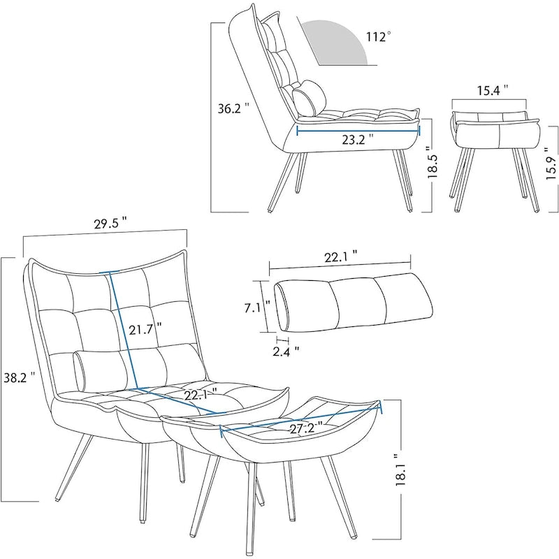 Fauteuil d'appoint Mcombo avec ottoman, Fauteuil capitonné en velours à oreilles, Chaises rembourrées avec pieds en métal pour Chambre Salon 4079