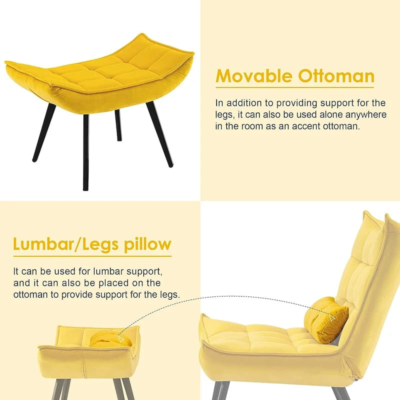 Fauteuil d'appoint Mcombo avec ottoman, Fauteuil capitonné en velours à oreilles, Chaises rembourrées avec pieds en métal pour Chambre Salon 4079