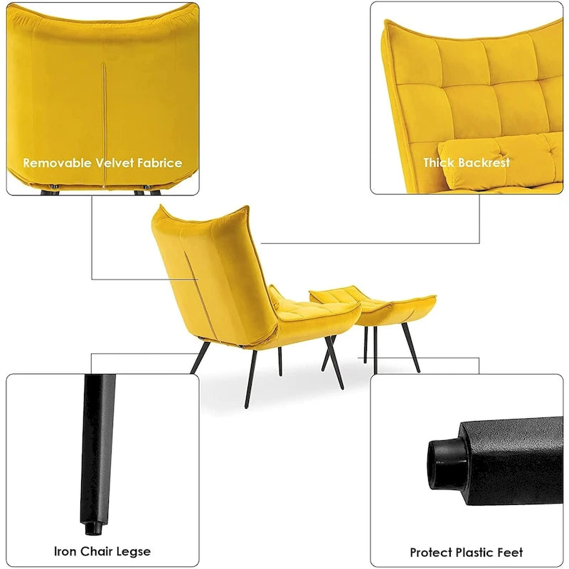 Fauteuil d'appoint Mcombo avec ottoman, Fauteuil capitonné en velours à oreilles, Chaises rembourrées avec pieds en métal pour Chambre Salon 4079