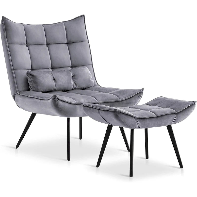 Fauteuil d'appoint Mcombo avec ottoman, Fauteuil capitonné en velours à oreilles, Chaises rembourrées avec pieds en métal pour Chambre Salon 4079