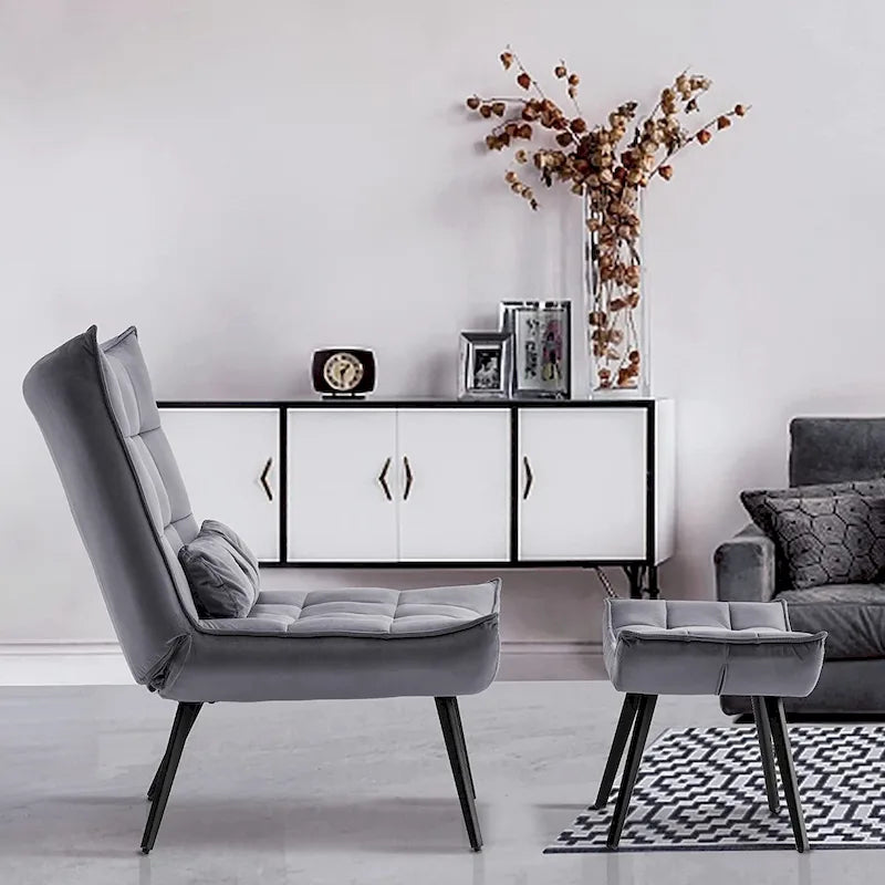 Fauteuil d'appoint Mcombo avec ottoman, Fauteuil capitonné en velours à oreilles, Chaises rembourrées avec pieds en métal pour Chambre Salon 4079