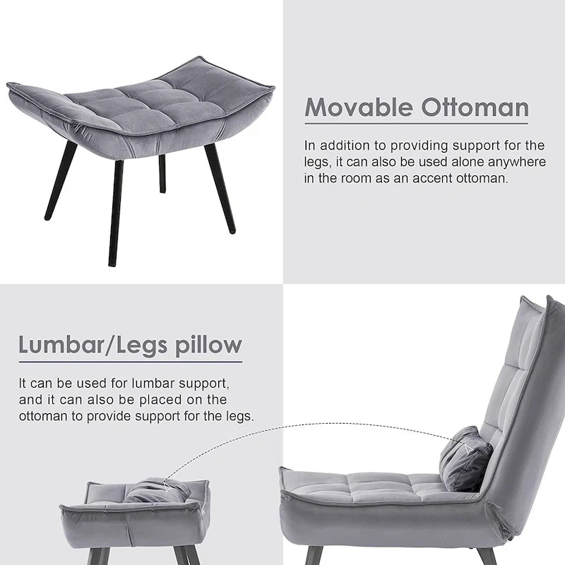 Fauteuil d'appoint Mcombo avec ottoman, Fauteuil capitonné en velours à oreilles, Chaises rembourrées avec pieds en métal pour Chambre Salon 4079