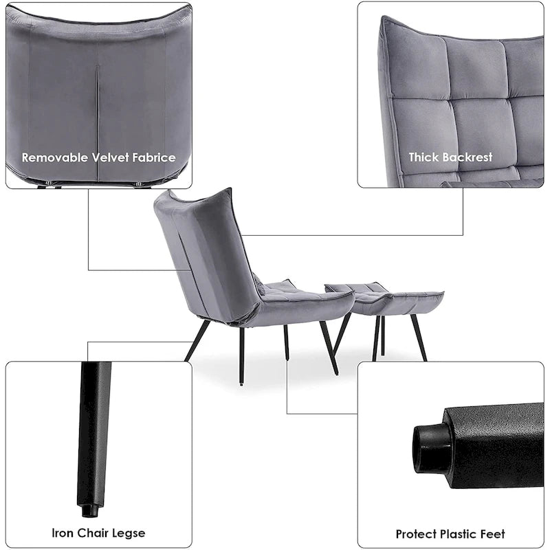 Fauteuil d'appoint Mcombo avec ottoman, Fauteuil capitonné en velours à oreilles, Chaises rembourrées avec pieds en métal pour Chambre Salon 4079