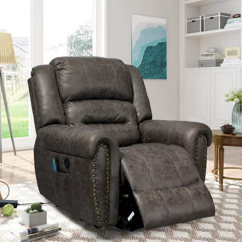Fauteuil inclinable électrique surdimensionné en similicuir avec télécommande, massage et chauffage
