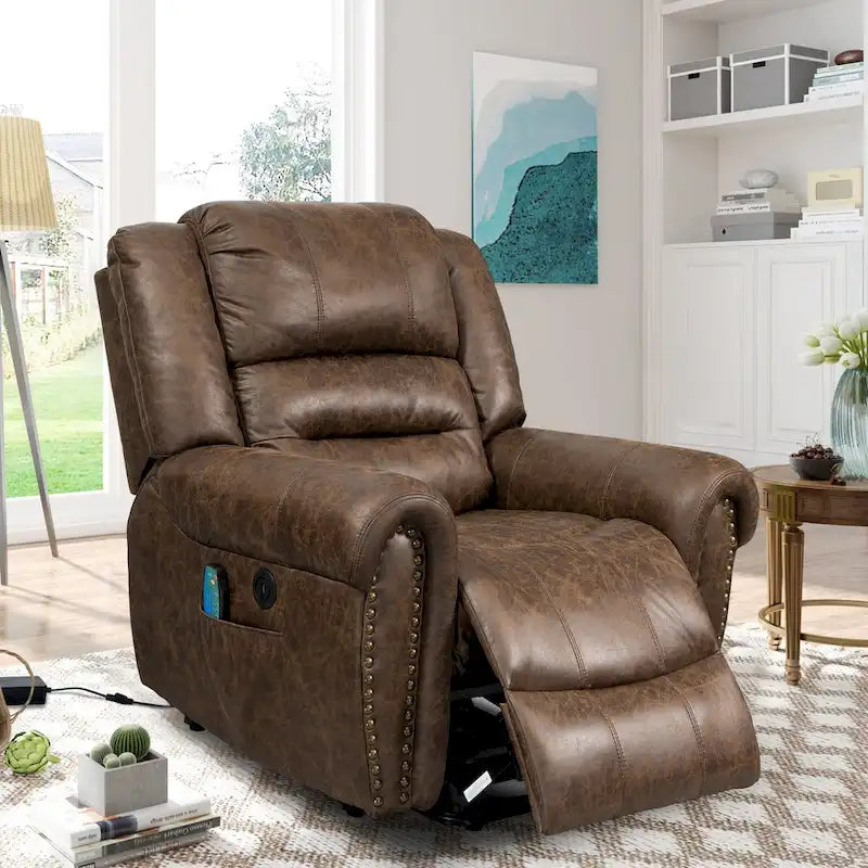 Fauteuil inclinable électrique surdimensionné en similicuir avec télécommande, massage et chauffage