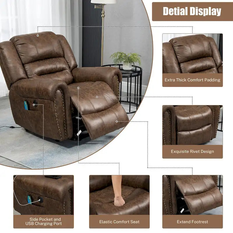 Fauteuil inclinable électrique surdimensionné en similicuir avec télécommande, massage et chauffage