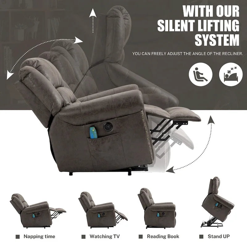 Fauteuil inclinable électrique surdimensionné en similicuir avec télécommande, massage et chauffage