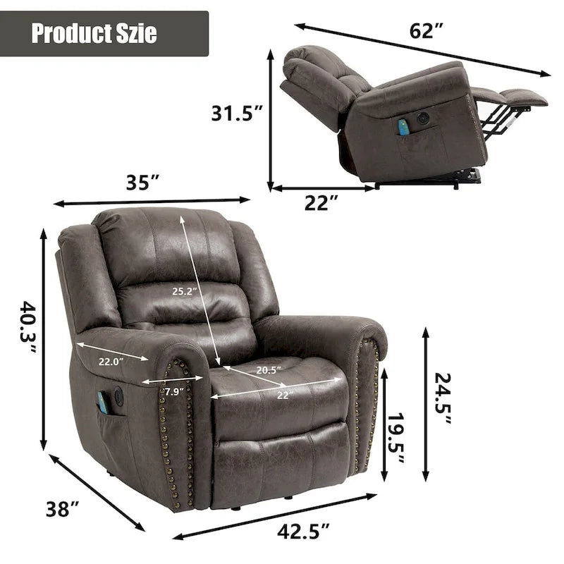 Fauteuil inclinable électrique surdimensionné en similicuir avec télécommande, massage et chauffage