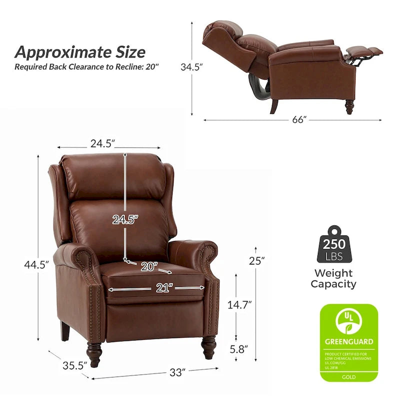Fauteuil inclinable moderne en cuir véritable Noemon avec garnitures cloutées, lot de 2, par HULALA HOME