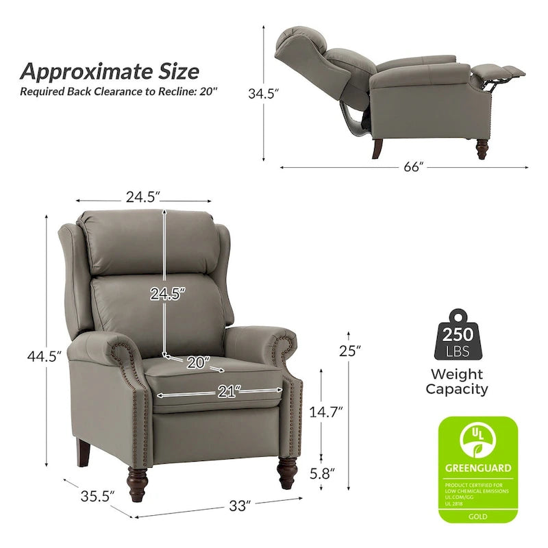 Fauteuil inclinable moderne en cuir véritable Noemon avec garnitures cloutées, lot de 2, par HULALA HOME
