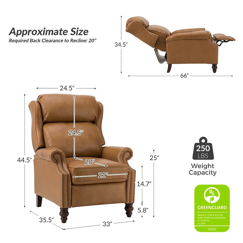 Fauteuil inclinable moderne en cuir véritable Noemon avec garnitures cloutées, lot de 2, par HULALA HOME