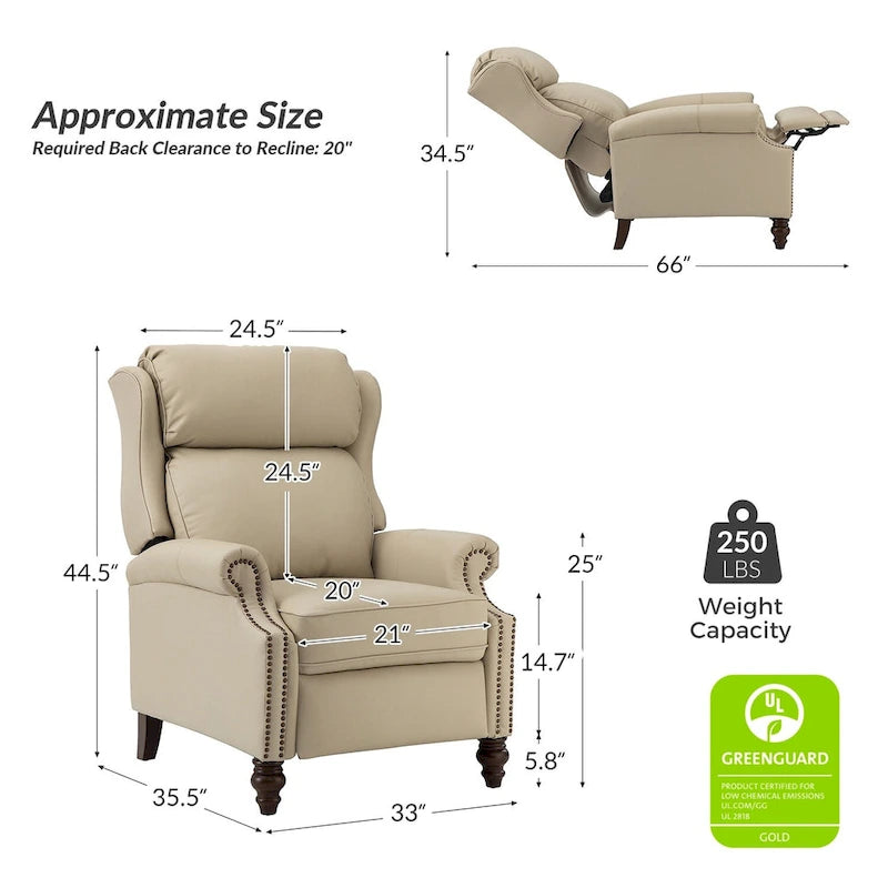 Fauteuil inclinable moderne en cuir véritable Noemon avec garnitures cloutées, lot de 2, par HULALA HOME