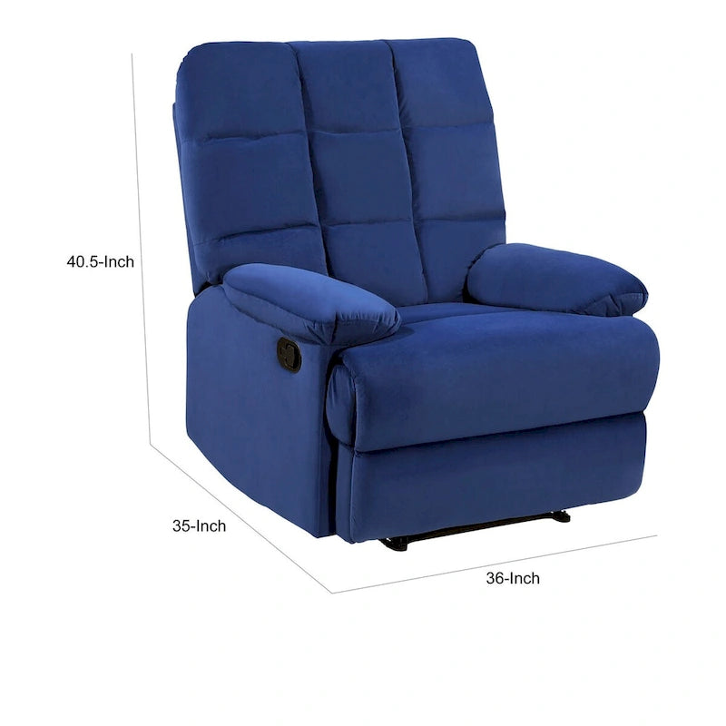 Fauteuil inclinable manuel Patty de 91 cm, rembourré, velours bleu, bois massif