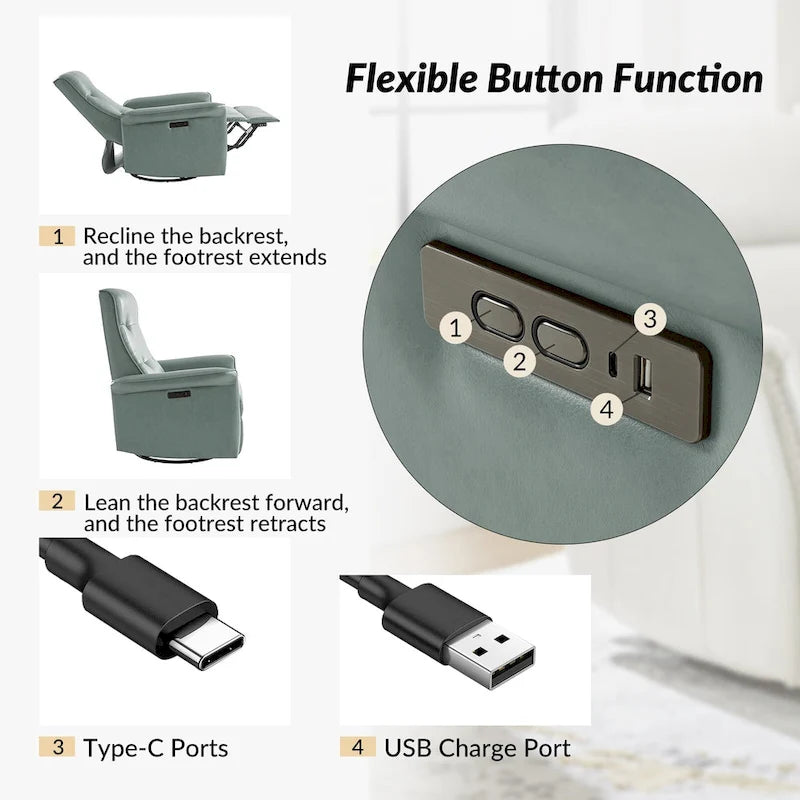 Fauteuil inclinable électrique pivotant moderne en similicuir Valentin avec ports USB, lot de 2, par HULALA HOME