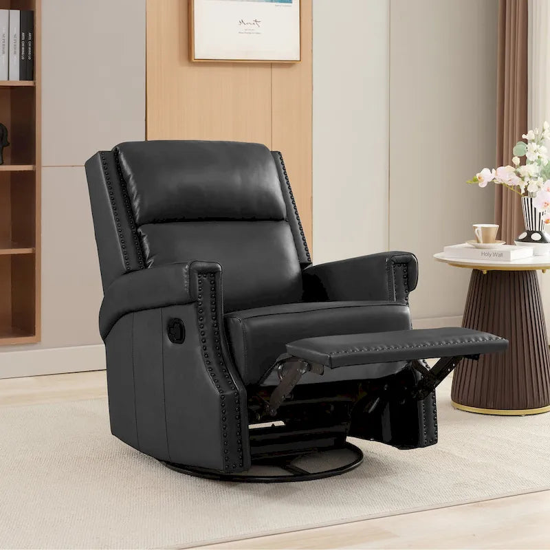 Fauteuil inclinable à bascule manuel en cuir véritable avec base pivotante en métal à 360 degrés